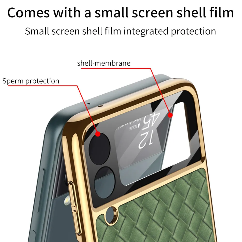 Plating Leather Weaving Case For Samsung Galaxy Z Flip 3 5G Case Back Screen Protector Hard Cover For Samsung Z Flip3