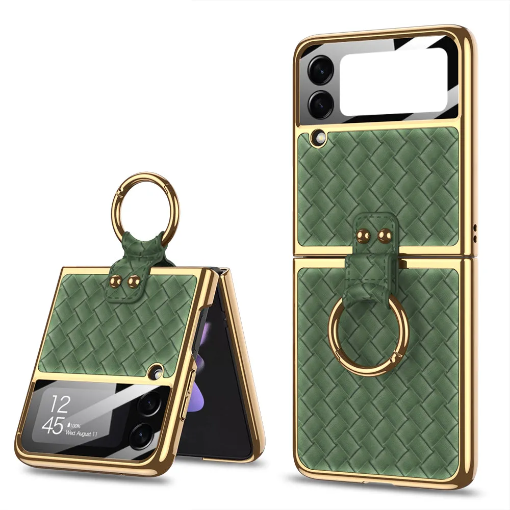 Plating Leather Weaving Case For Samsung Galaxy Z Flip 3 5G Case Back Screen Protector Hard Cover For Samsung Z Flip3