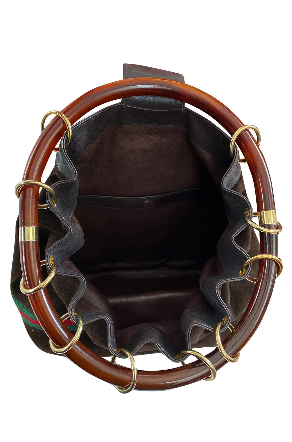 Rare & Original 1970s Gucci Deep Chocolate Suede Bucket Bag w Lucite Handle & Stripes