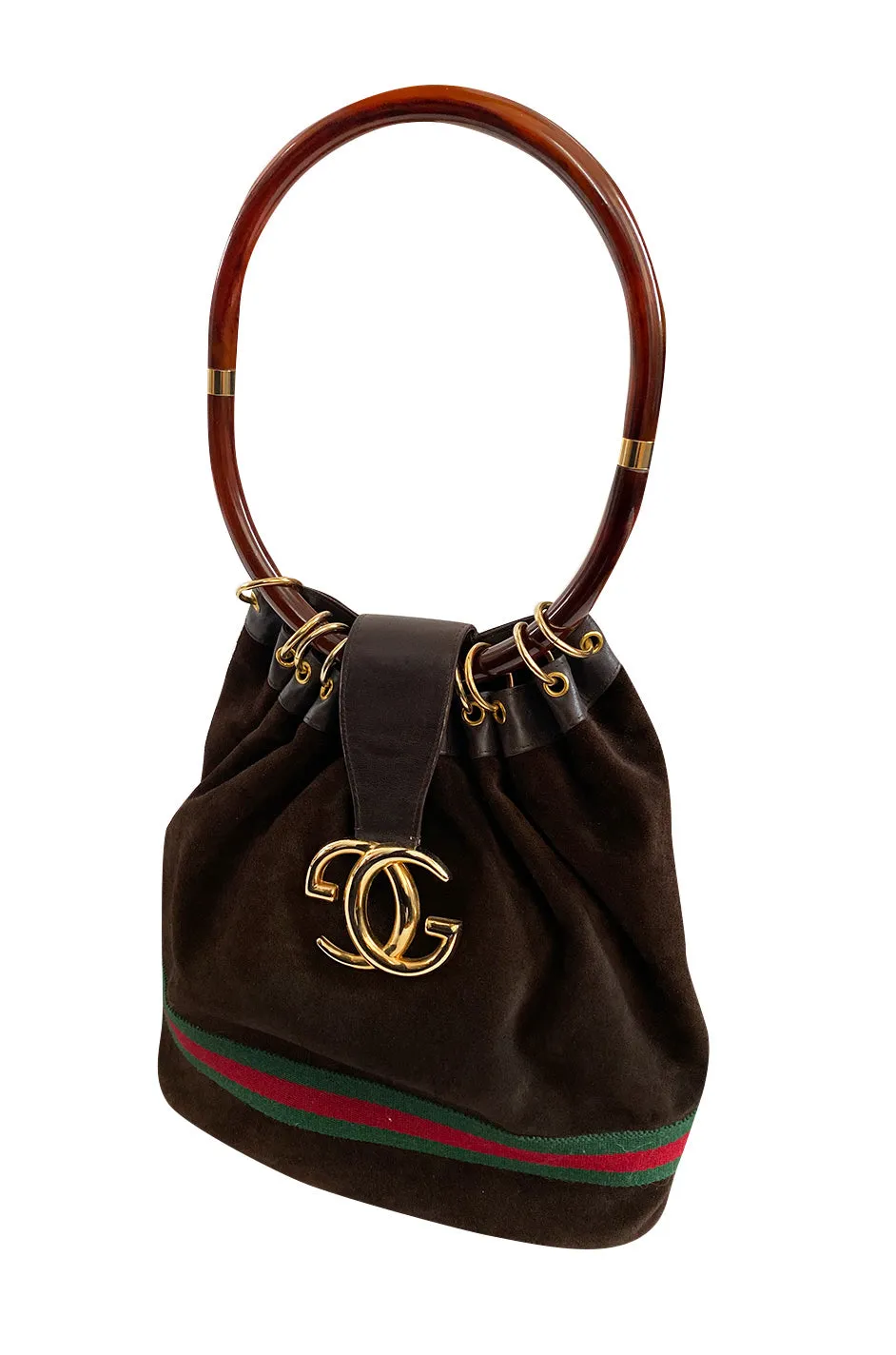 Rare & Original 1970s Gucci Deep Chocolate Suede Bucket Bag w Lucite Handle & Stripes