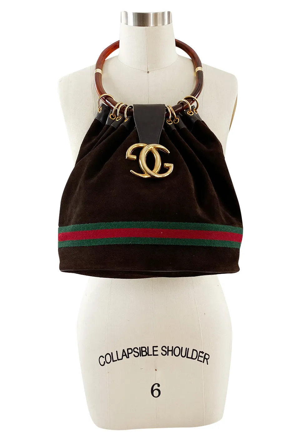 Rare & Original 1970s Gucci Deep Chocolate Suede Bucket Bag w Lucite Handle & Stripes
