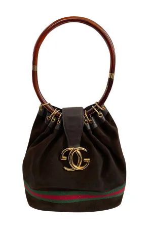 Rare & Original 1970s Gucci Deep Chocolate Suede Bucket Bag w Lucite Handle & Stripes