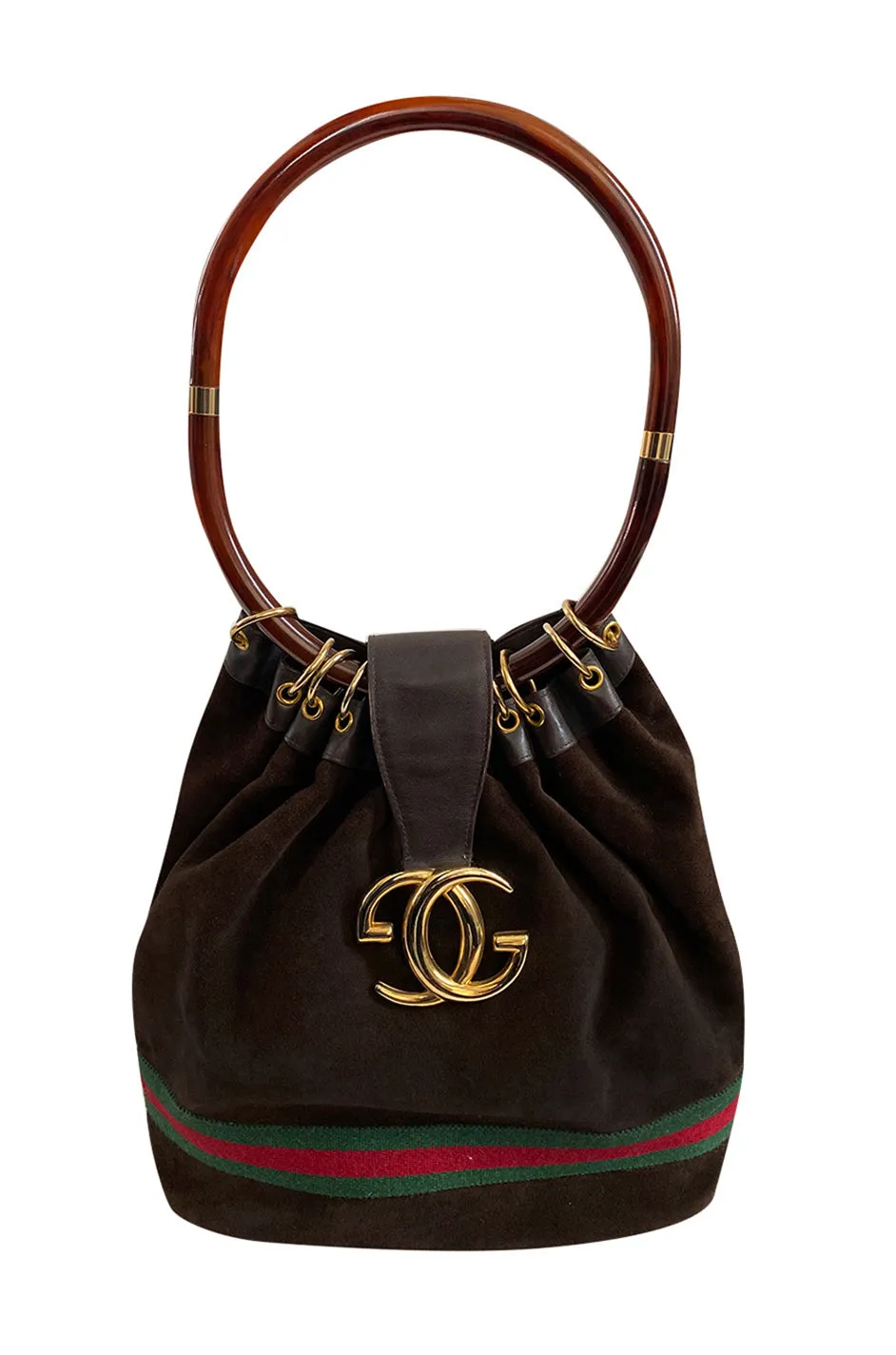 Rare & Original 1970s Gucci Deep Chocolate Suede Bucket Bag w Lucite Handle & Stripes