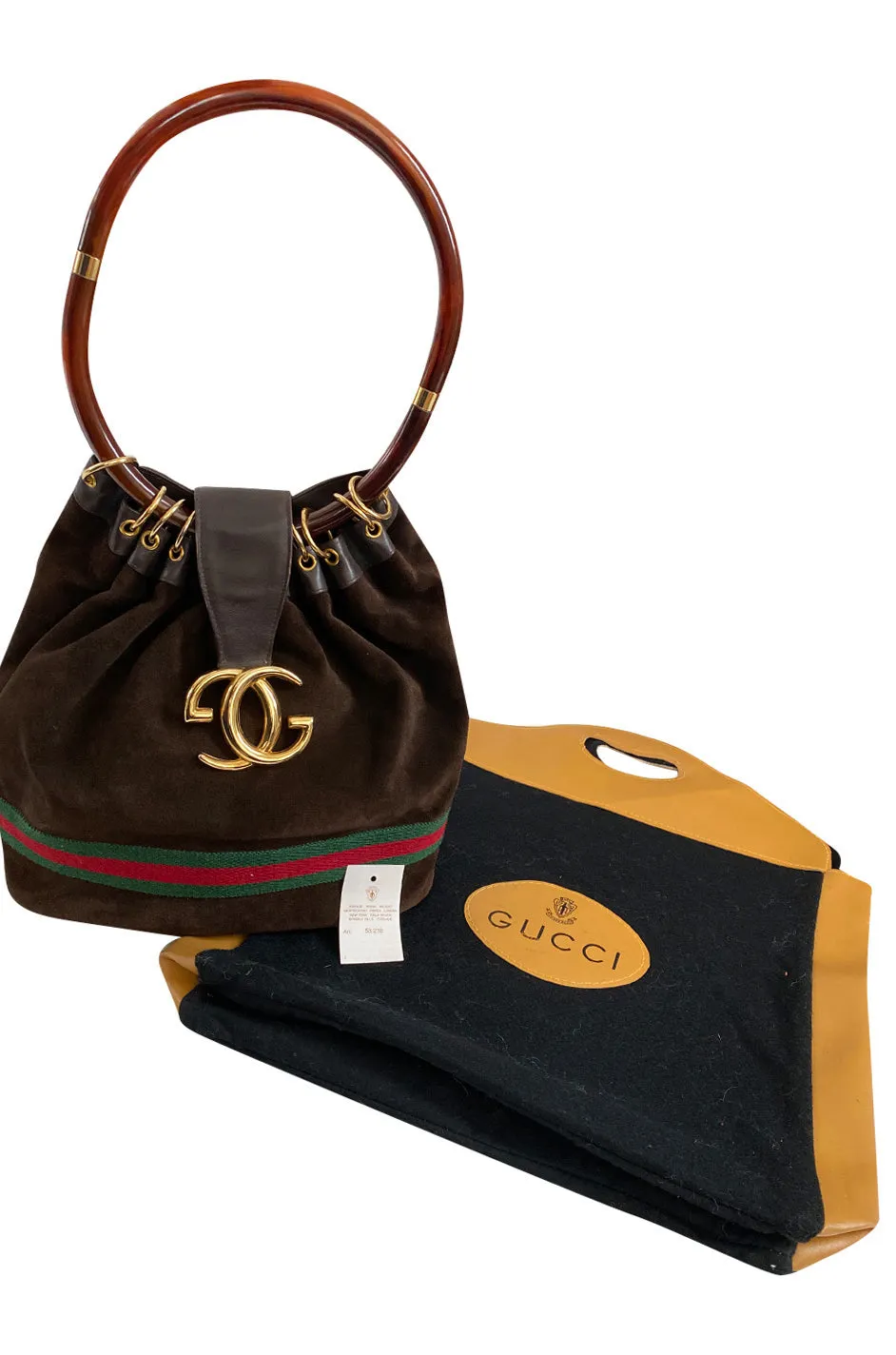 Rare & Original 1970s Gucci Deep Chocolate Suede Bucket Bag w Lucite Handle & Stripes