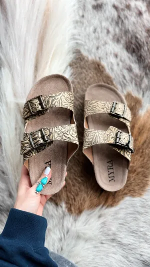 Rio Amarillo Beige Embosed Leather Sandals