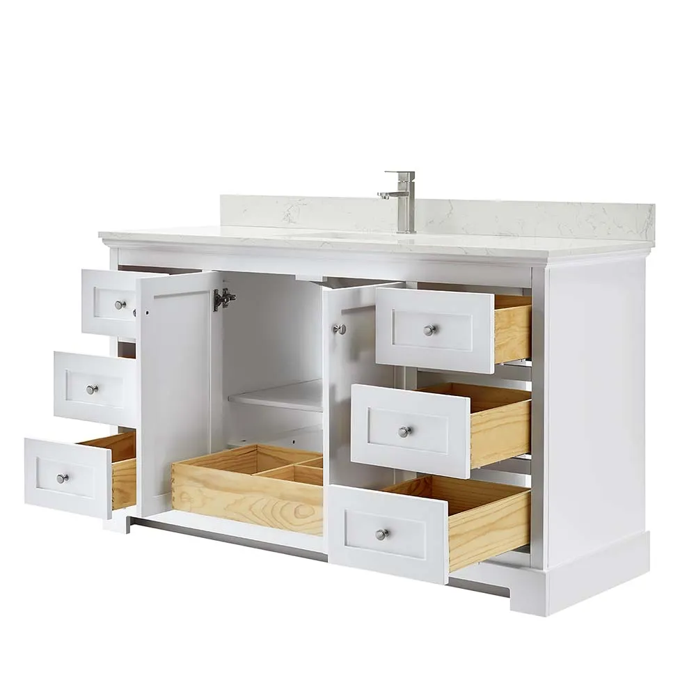 Ryla 60 Inch Single Bathroom Vanity in White, Carrara Cultured Marble Countertop, Undermount Square Sink, No Mirror