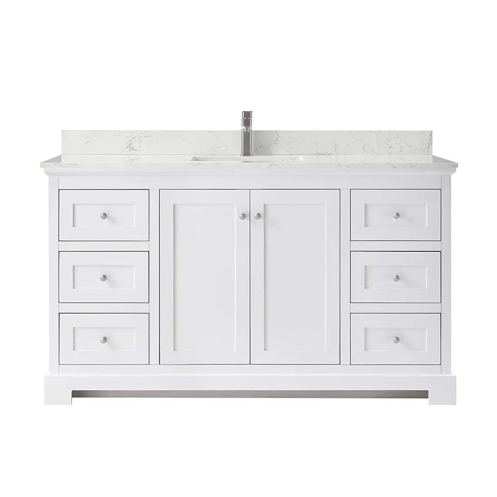 Ryla 60 Inch Single Bathroom Vanity in White, Carrara Cultured Marble Countertop, Undermount Square Sink, No Mirror