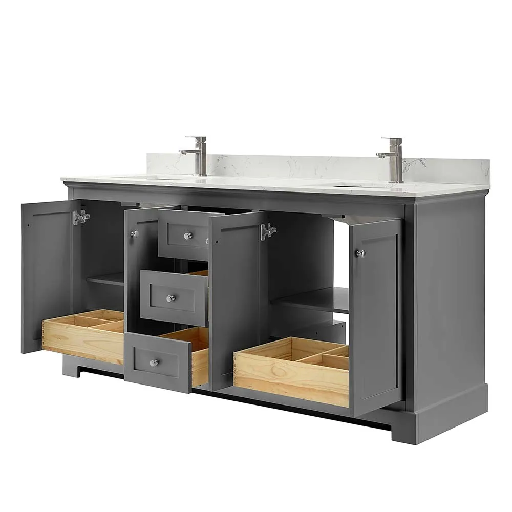 Ryla 72 Inch Double Bathroom Vanity in Dark Gray, Carrara Cultured Marble Countertop, Undermount Square Sinks, No Mirror