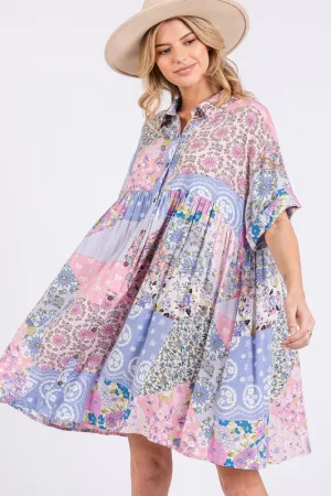 SAGE   FIG Floral Collared Neck Half Sleeve Mini Shirt Dress