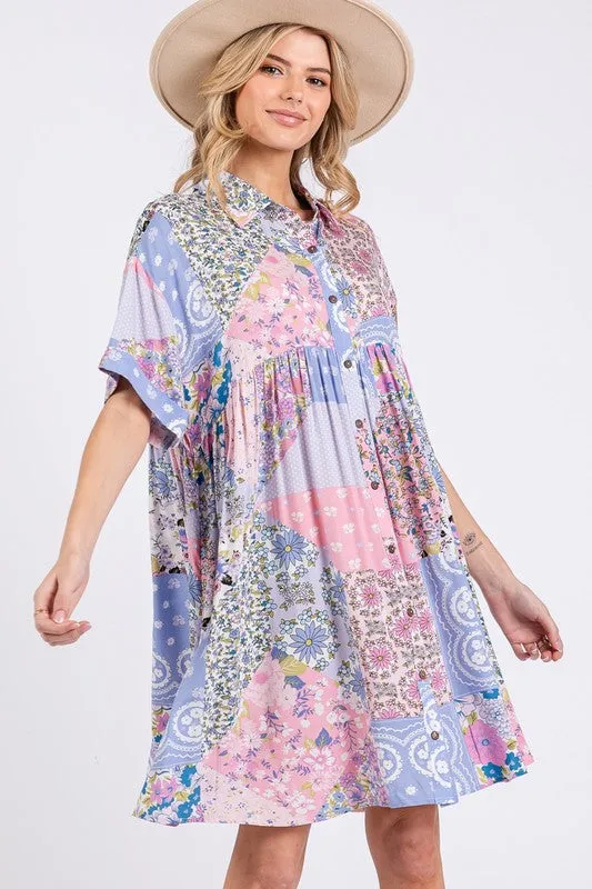 SAGE   FIG Floral Collared Neck Half Sleeve Mini Shirt Dress