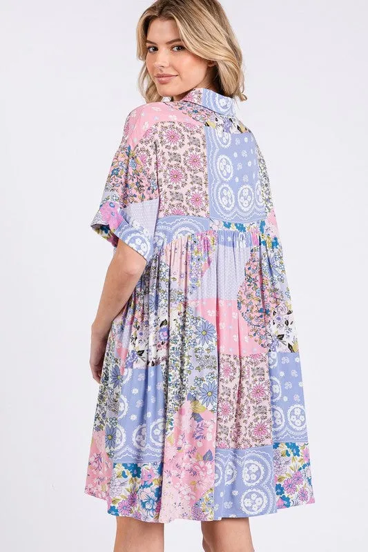 SAGE   FIG Floral Collared Neck Half Sleeve Mini Shirt Dress
