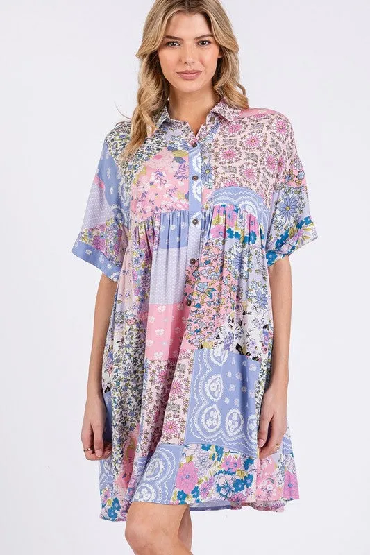 SAGE   FIG Floral Collared Neck Half Sleeve Mini Shirt Dress