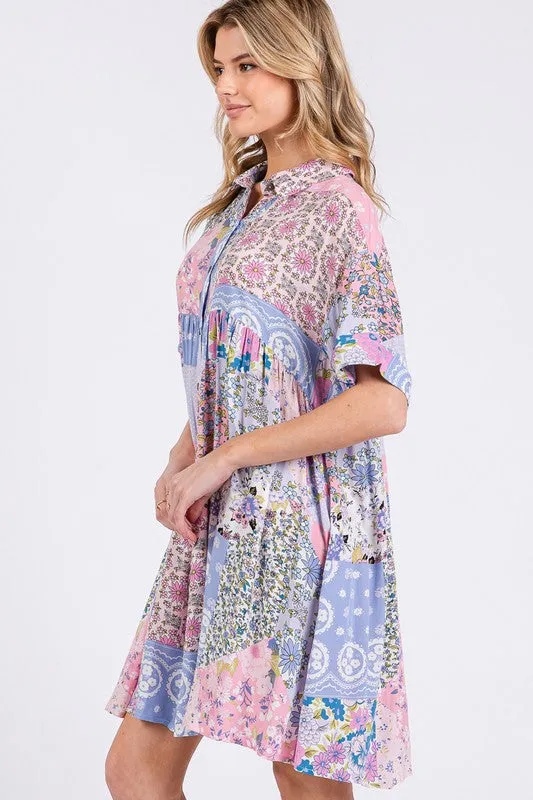 SAGE   FIG Floral Collared Neck Half Sleeve Mini Shirt Dress