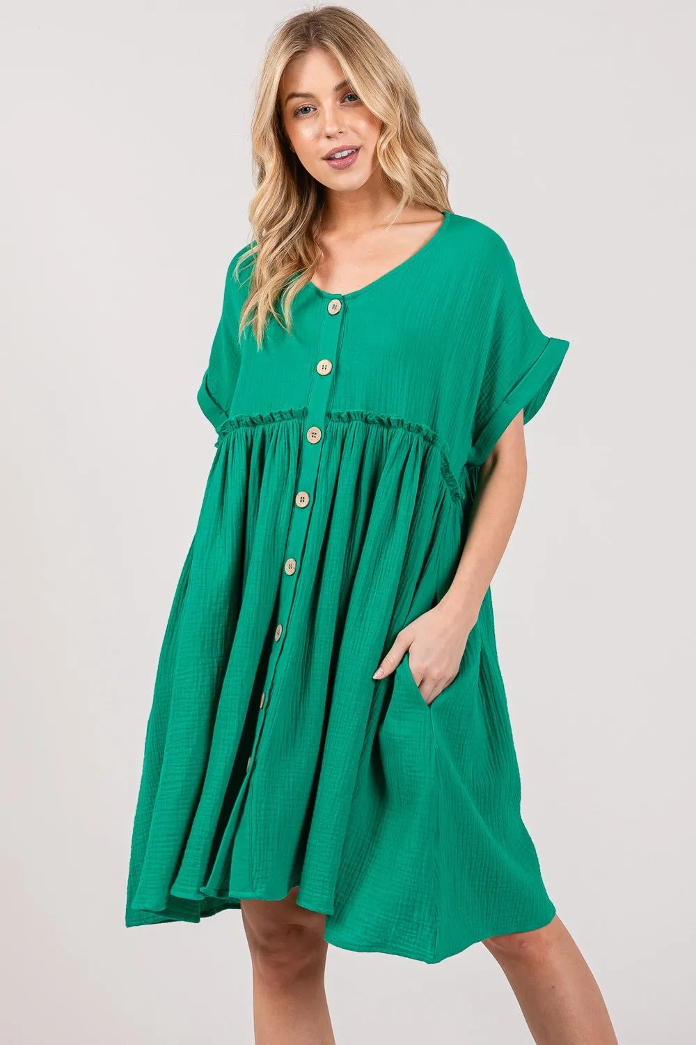 SAGE   FIG Full Size Button Up Short Sleeve Dress