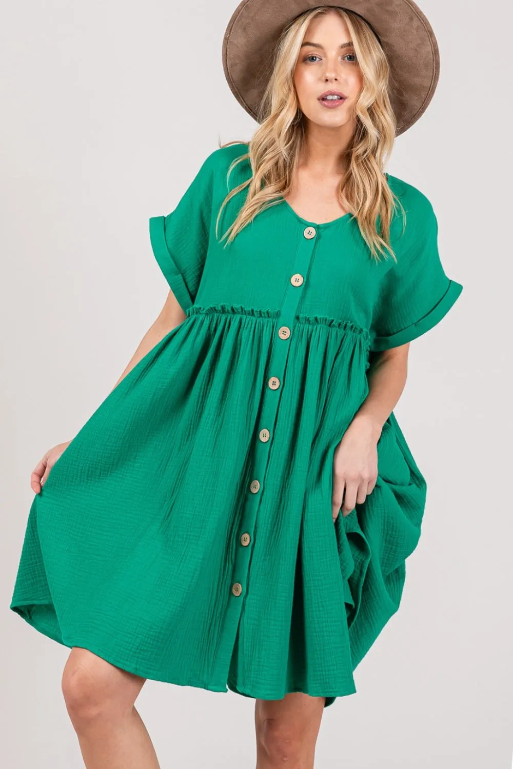 SAGE   FIG Full Size Button Up Short Sleeve Dress