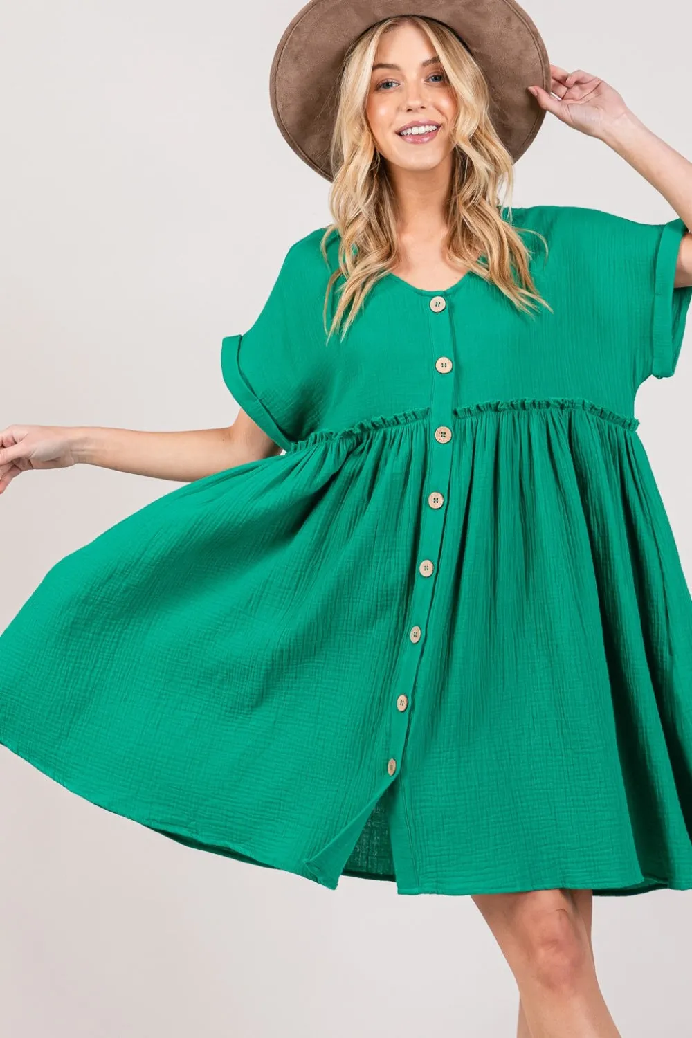 SAGE   FIG Full Size Button Up Short Sleeve Dress