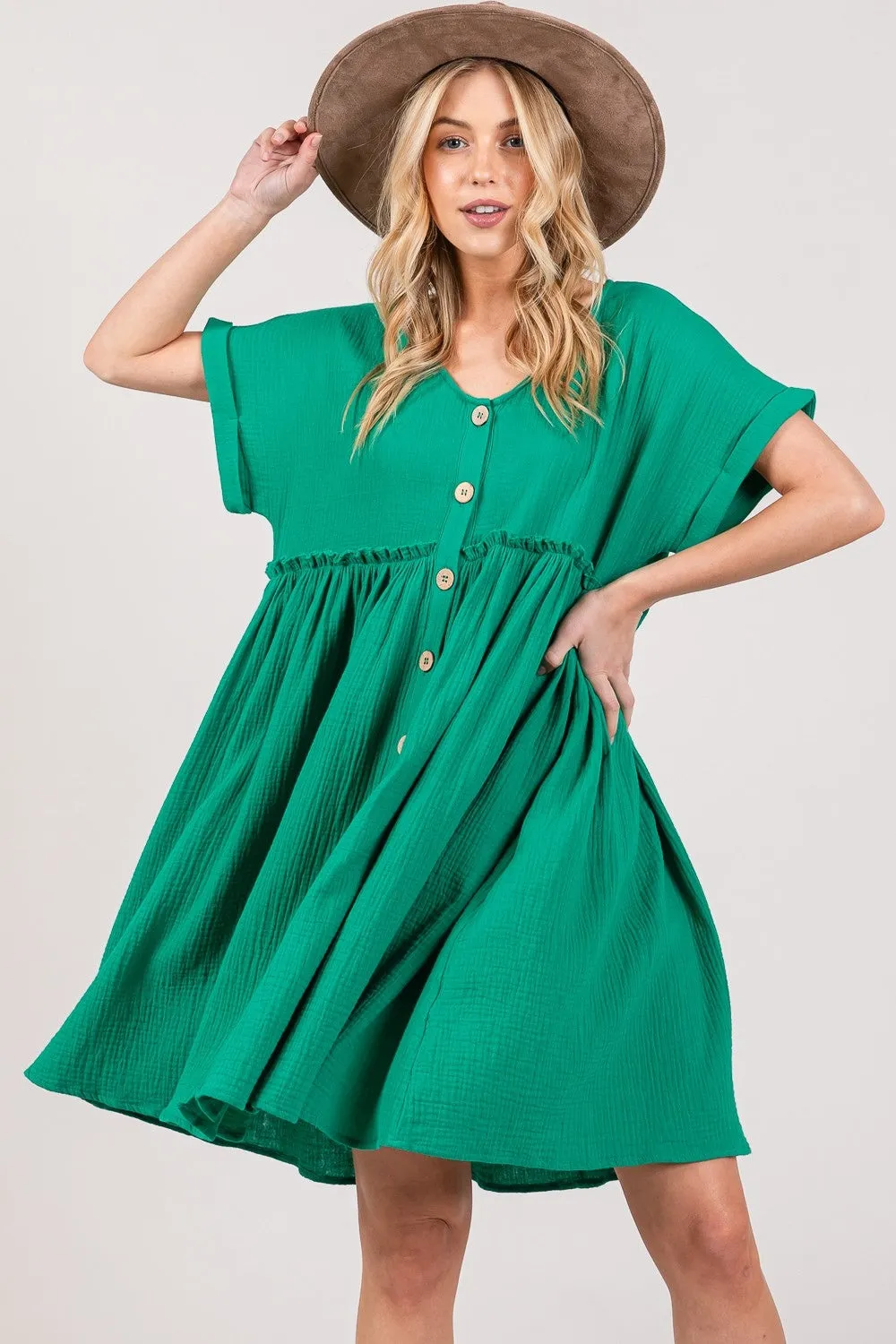 SAGE   FIG Full Size Button Up Short Sleeve Dress