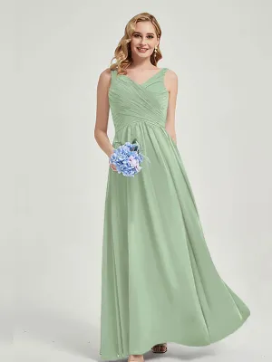 Sage Green Wide Straps Sleeveless Flowy Pleated Long Bridesmaid Dress