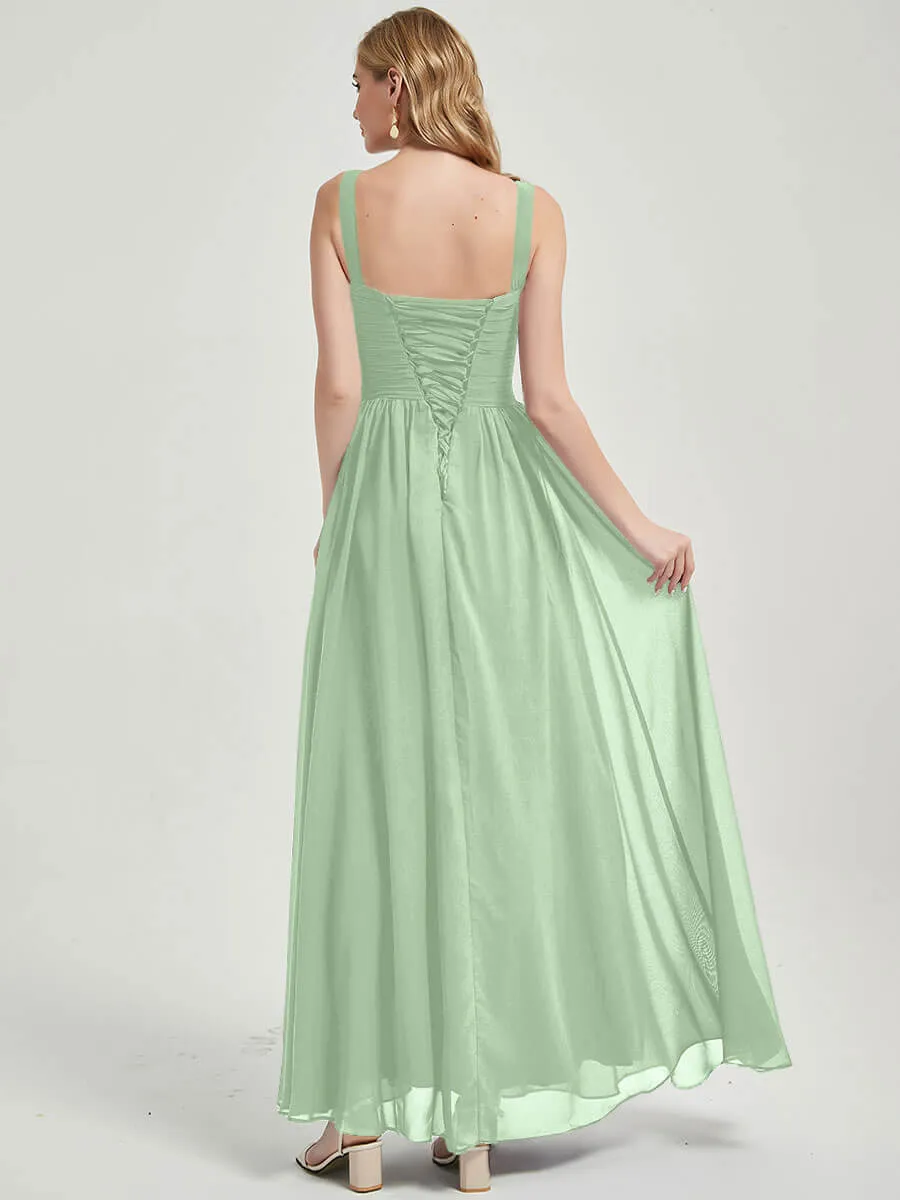 Sage Green Wide Straps Sleeveless Flowy Pleated Long Bridesmaid Dress