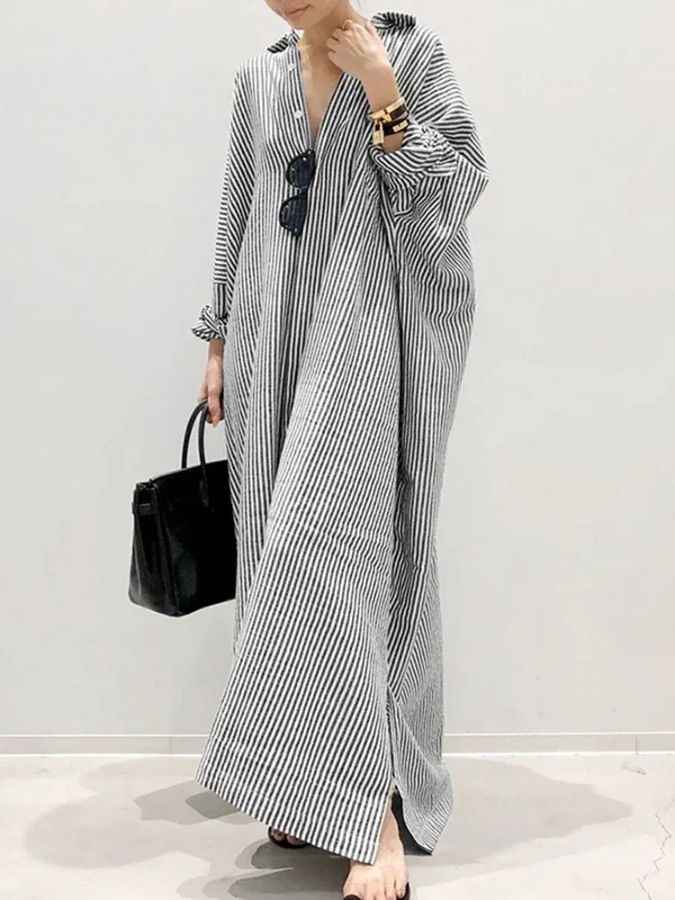 Samantha™ - Chic Puff Sleeve Striped Maxi Dress