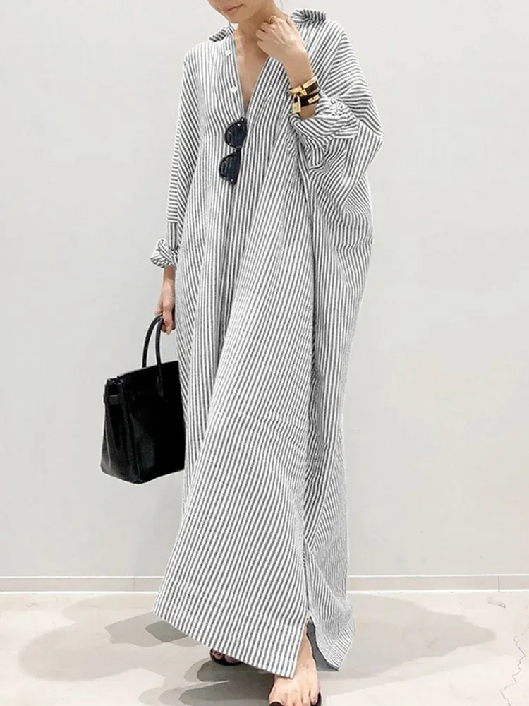 Samantha™ - Chic Puff Sleeve Striped Maxi Dress