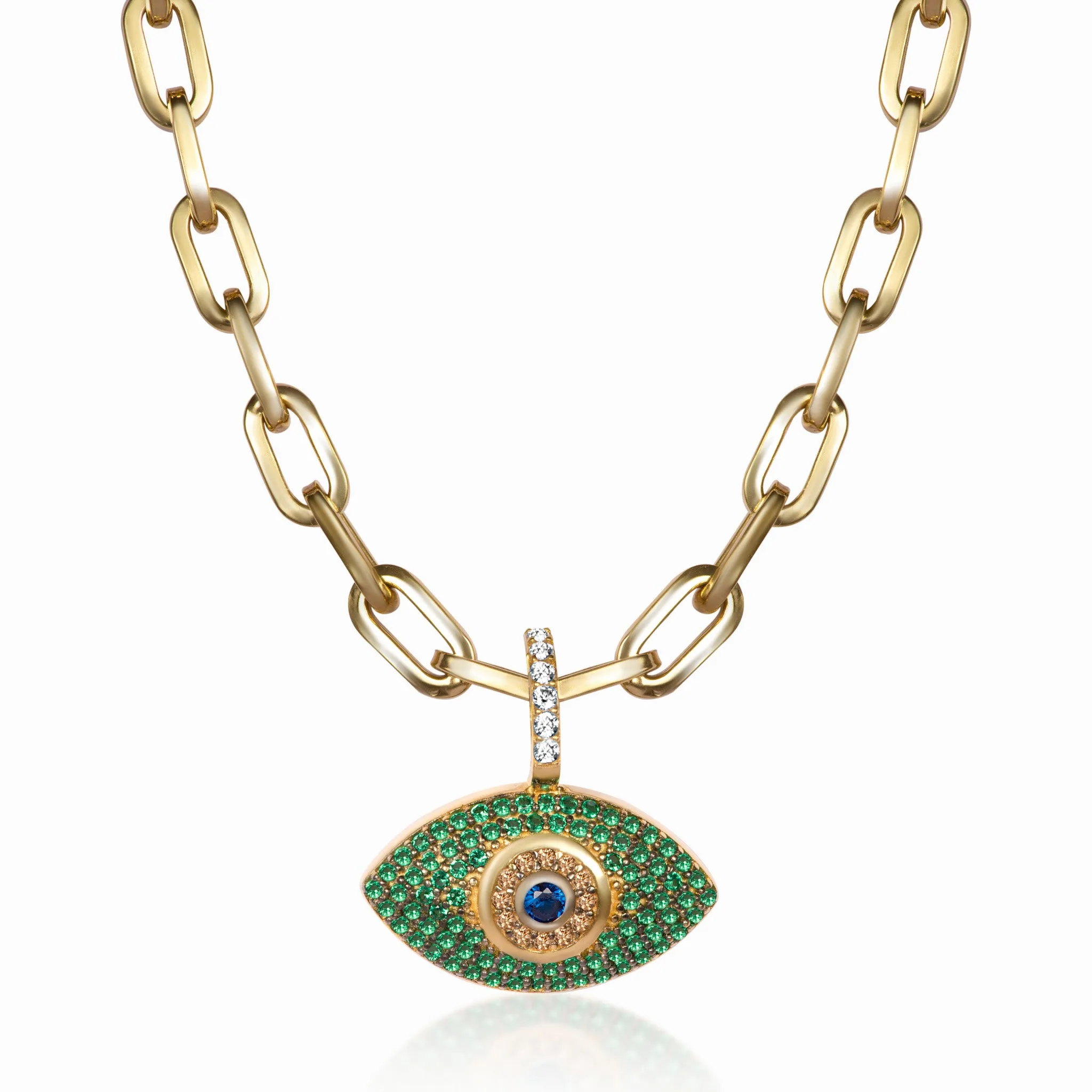 Silver gold plated green eye paperclip chain necklace