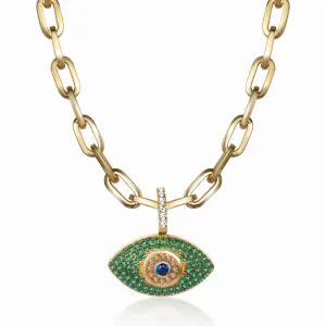 Silver gold plated green eye paperclip chain necklace