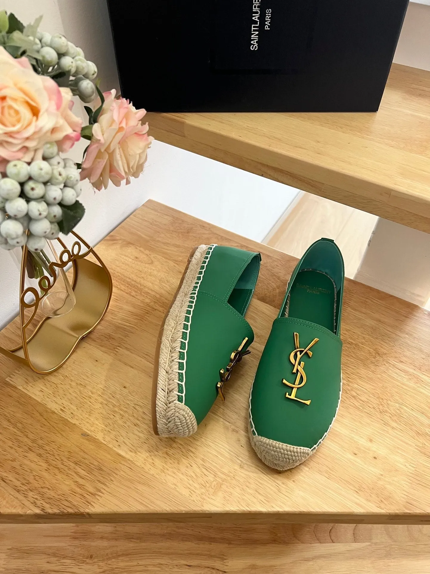 SL YVES LOGO SLIP ON DARK GREEN CALFSKIN
