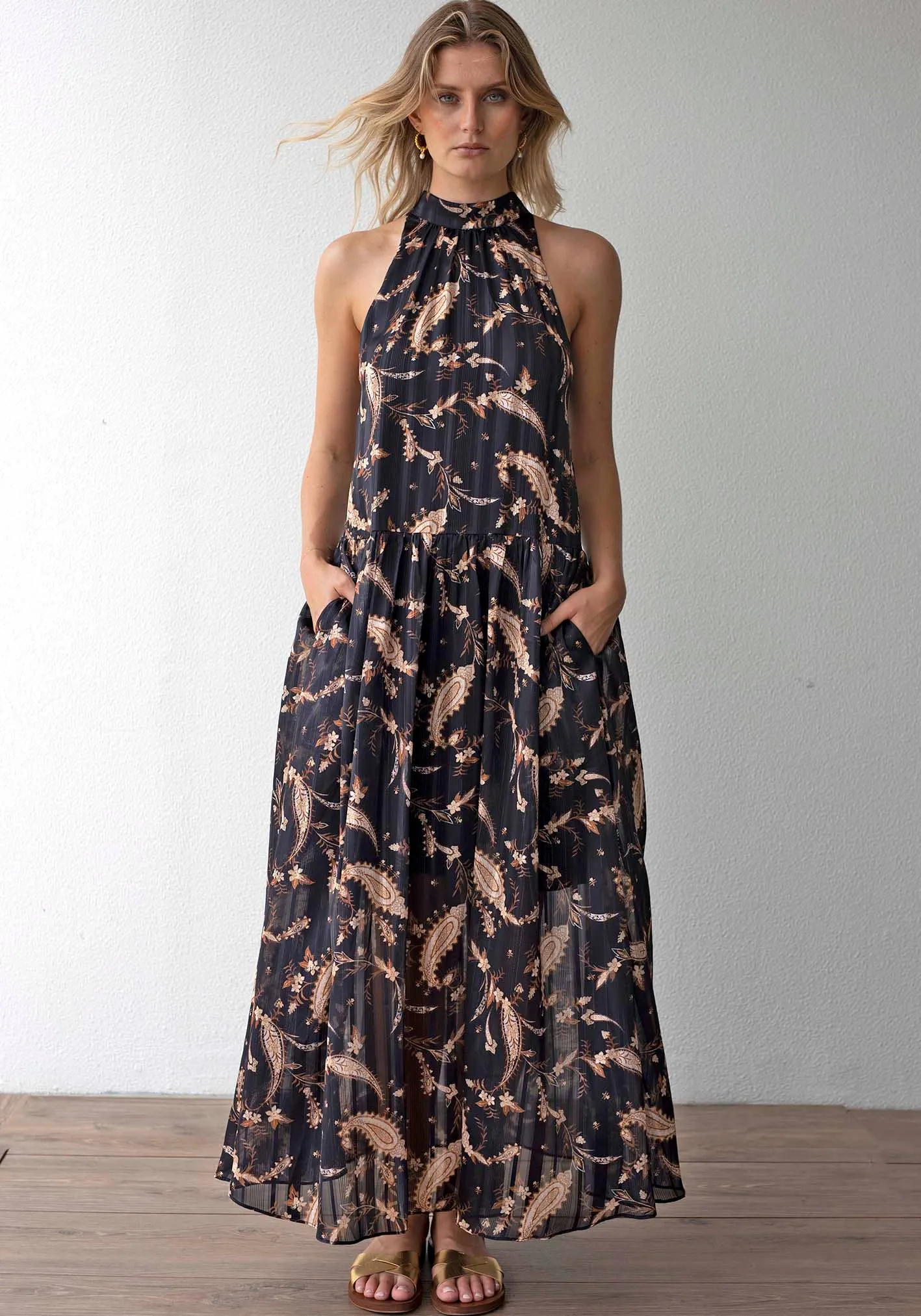 Three of Something - Nighttide Paisley Halter Maxi Dress: Black / S