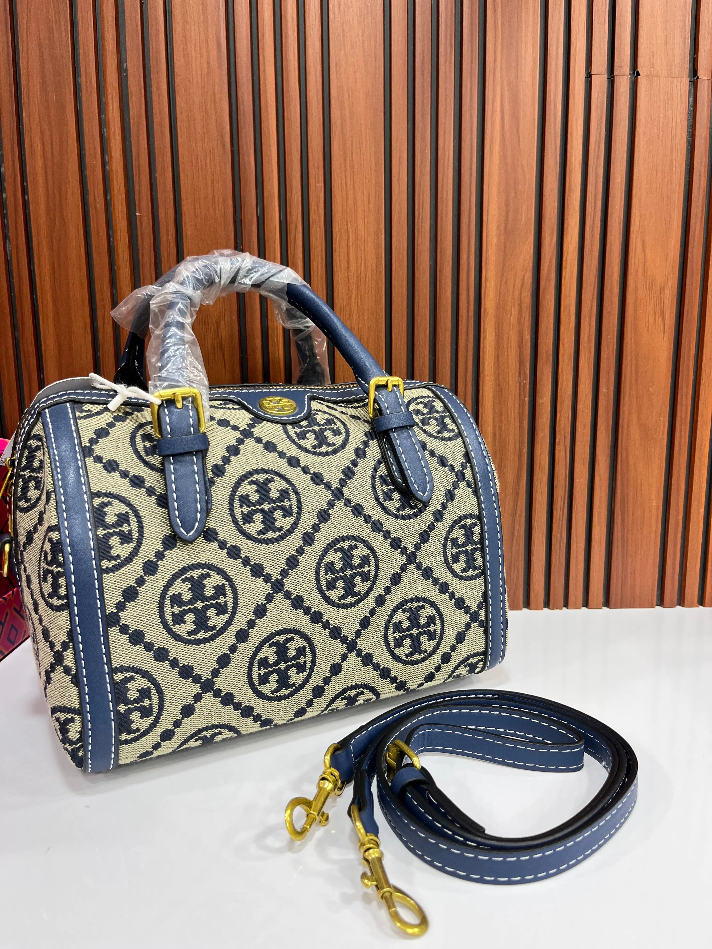 Tory Burch (FC) Small Duffle Bag - Navy Blue Monogram Canvas