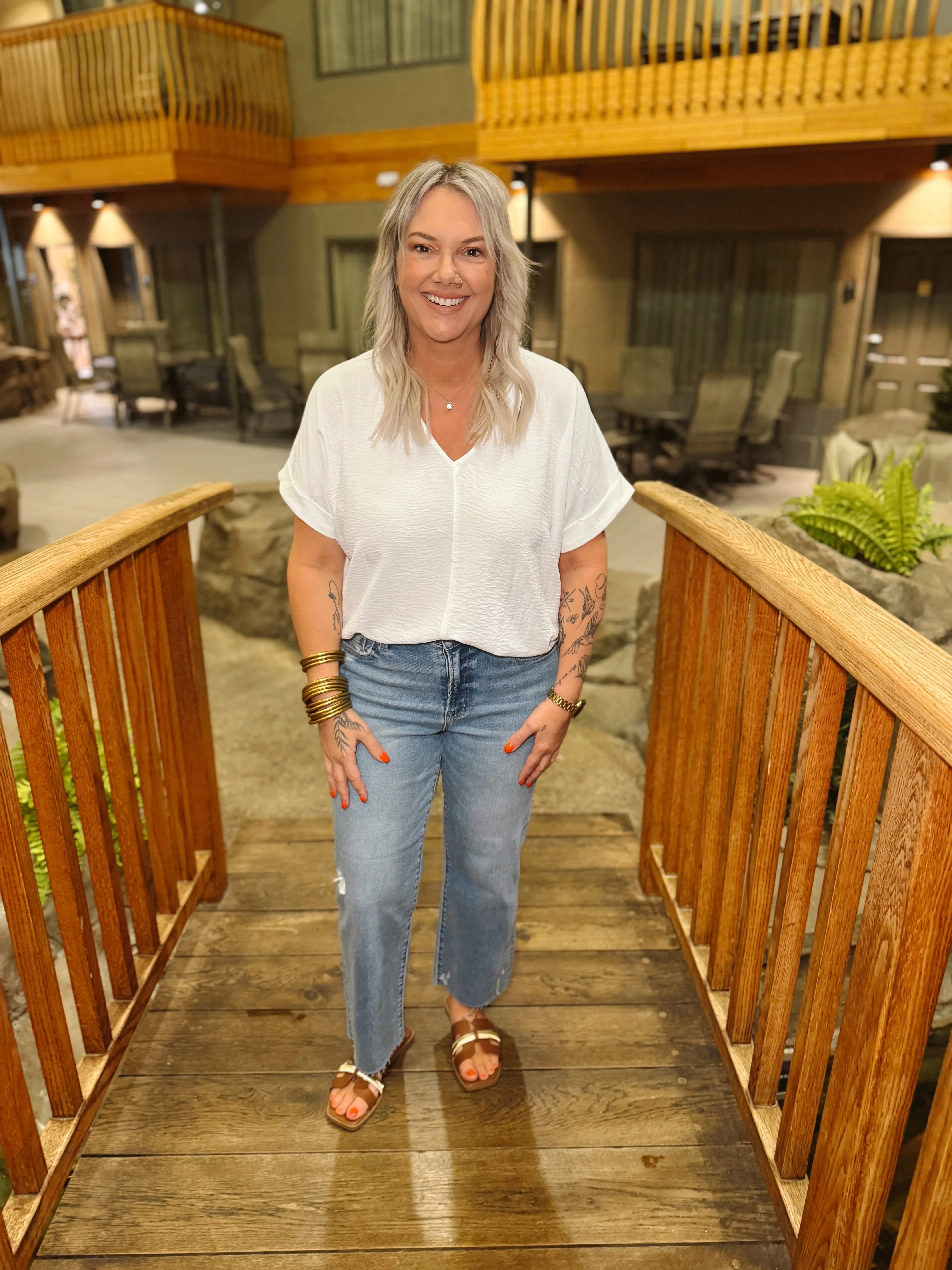 V Neck Roll Up Sleeve Crinkle Top-White