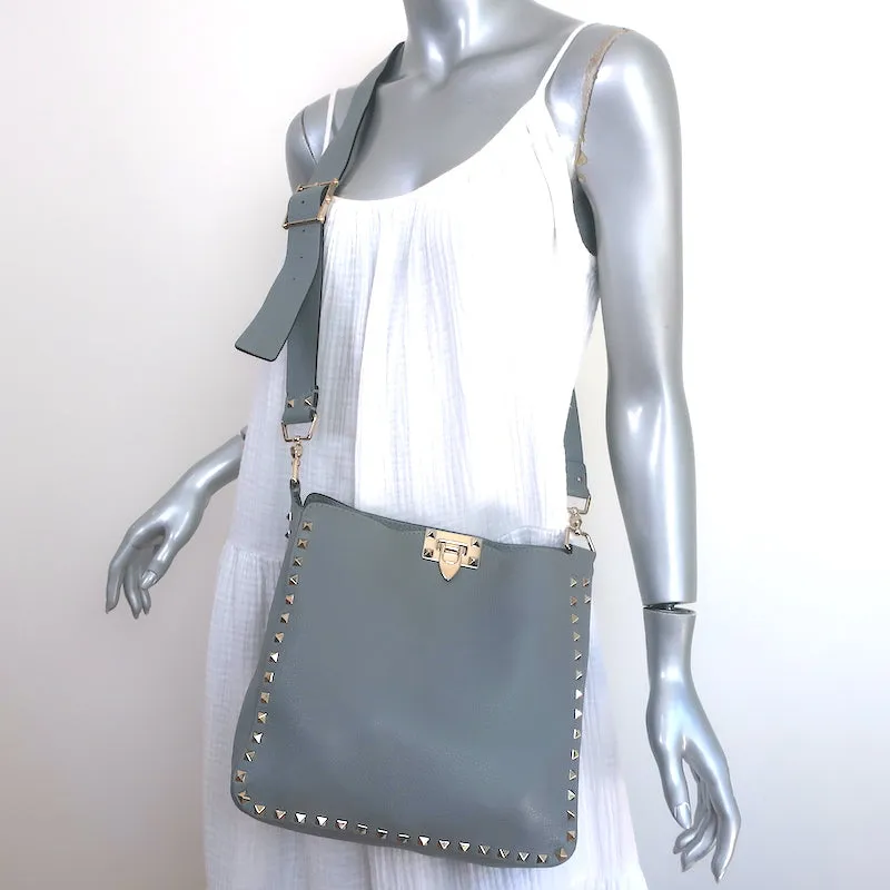 Valentino Rockstud Flip Lock Messenger Bag Gray Grained Leather