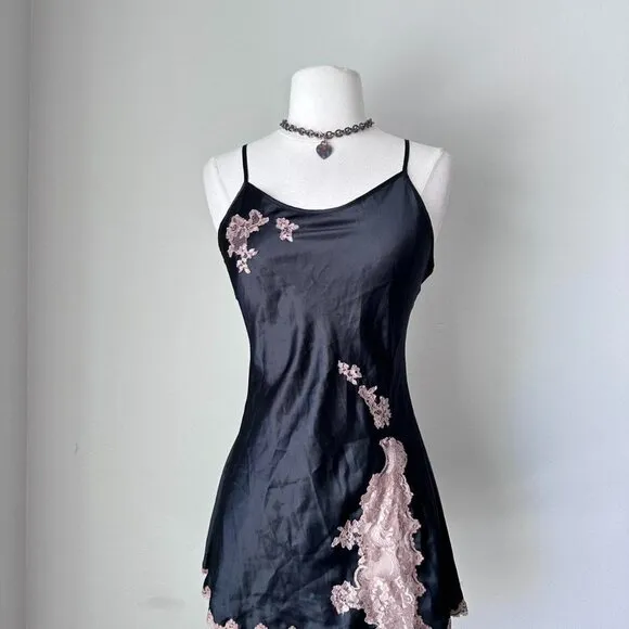 Victoria's Secret y2k 2006 NWT black silky slip dress with pink lace details