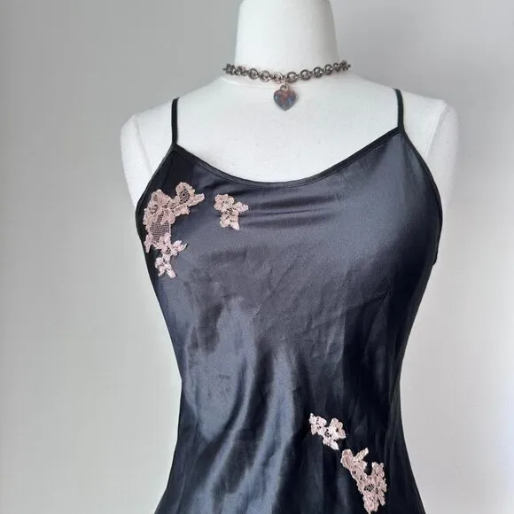 Victoria's Secret y2k 2006 NWT black silky slip dress with pink lace details