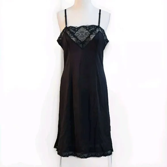Vtg Vassarette 38 F Full Slip Lace Trim Sissy Lingerie Black