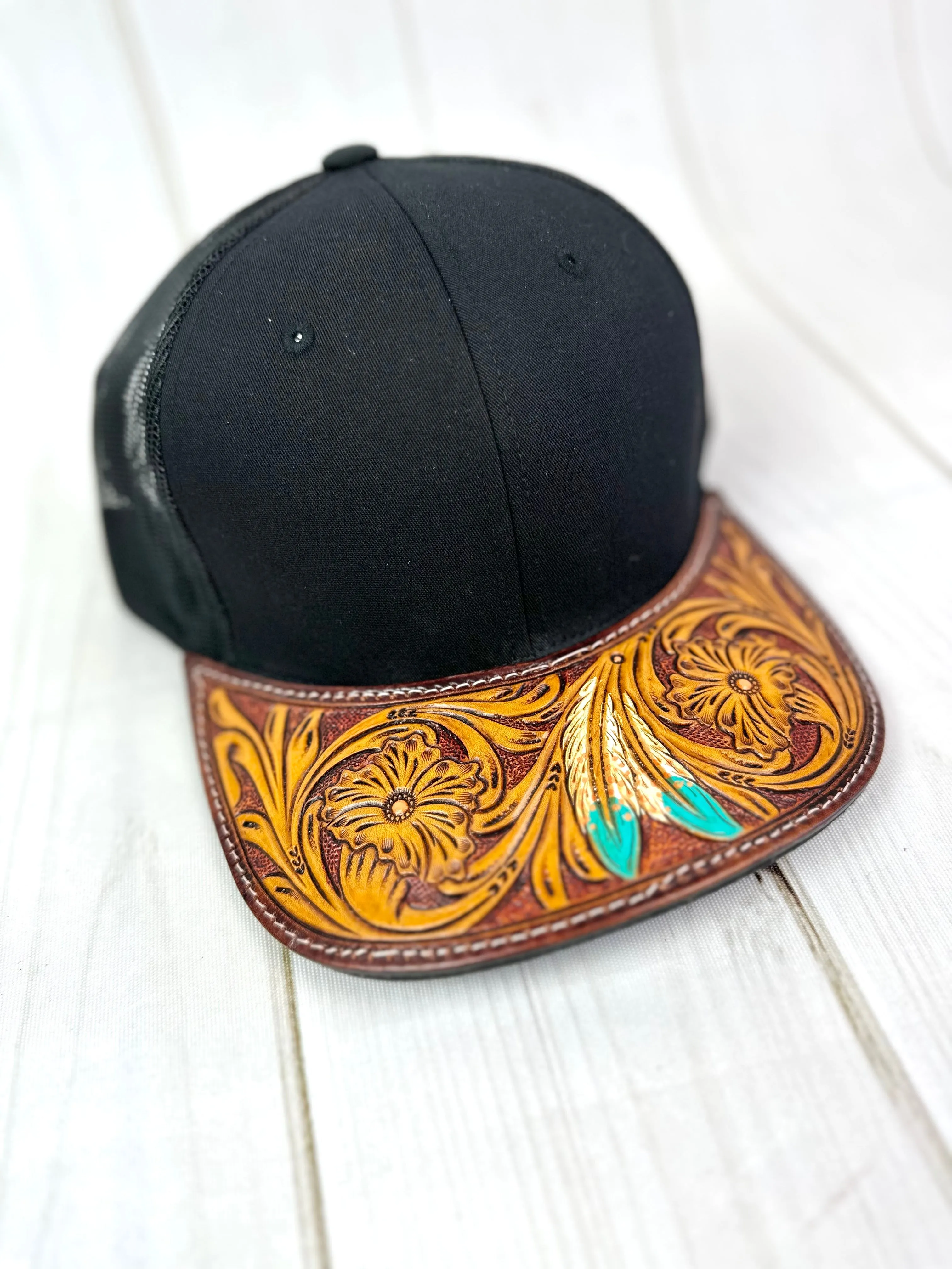 Western Tooled Leather Brim Snapback Trucker Style Hats
