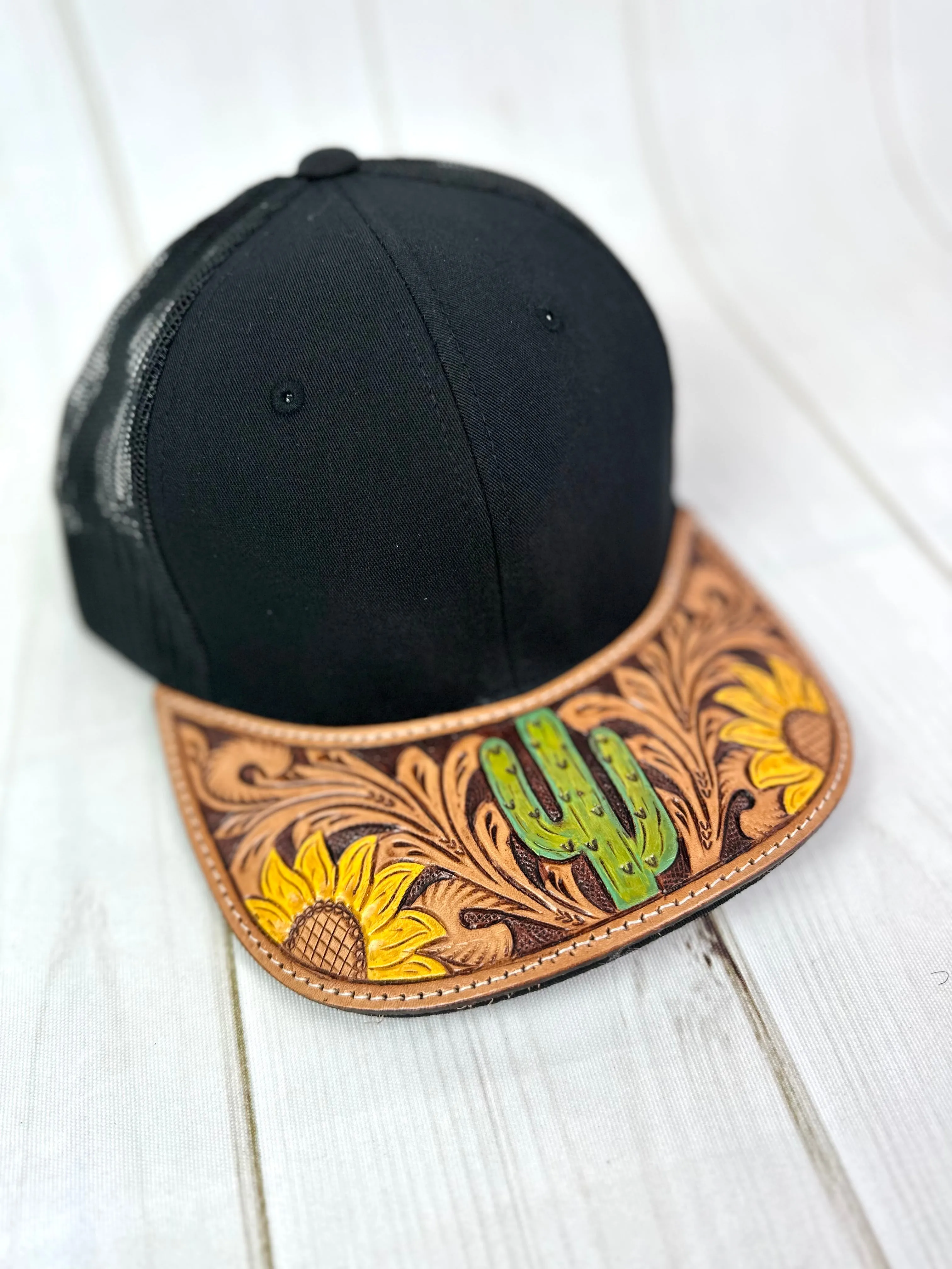 Western Tooled Leather Brim Snapback Trucker Style Hats