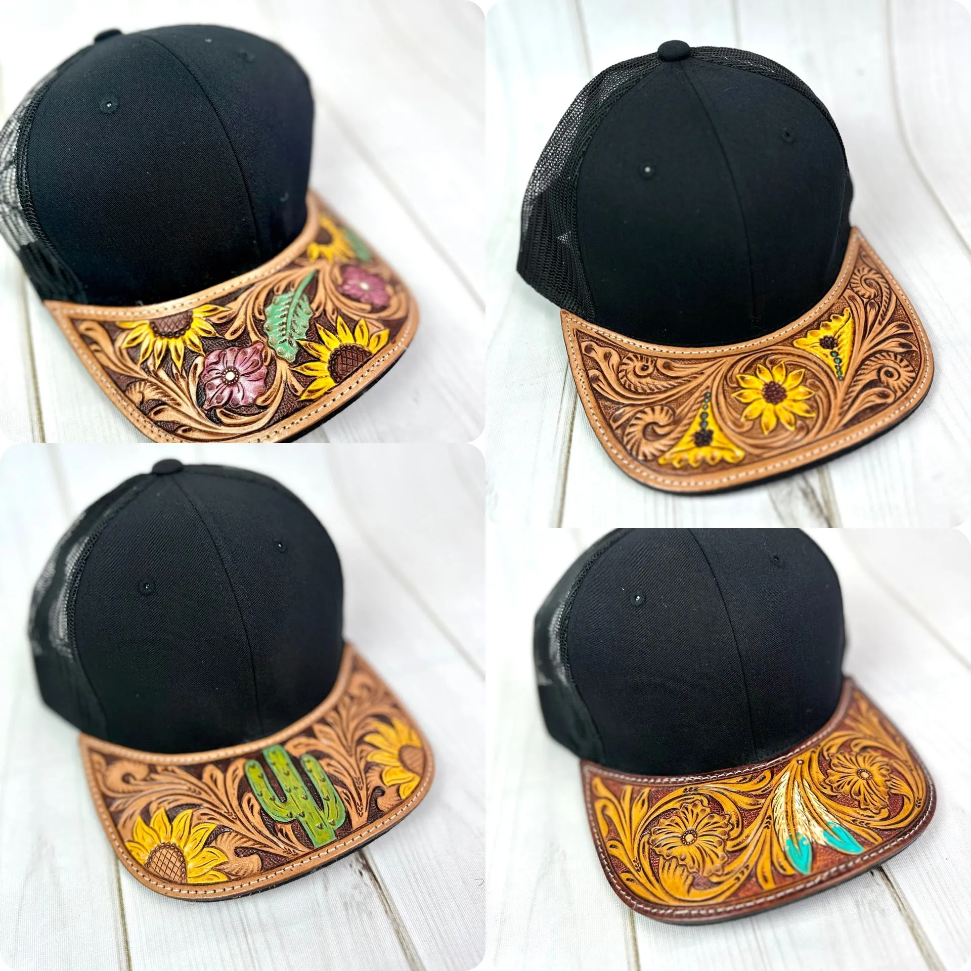 Western Tooled Leather Brim Snapback Trucker Style Hats