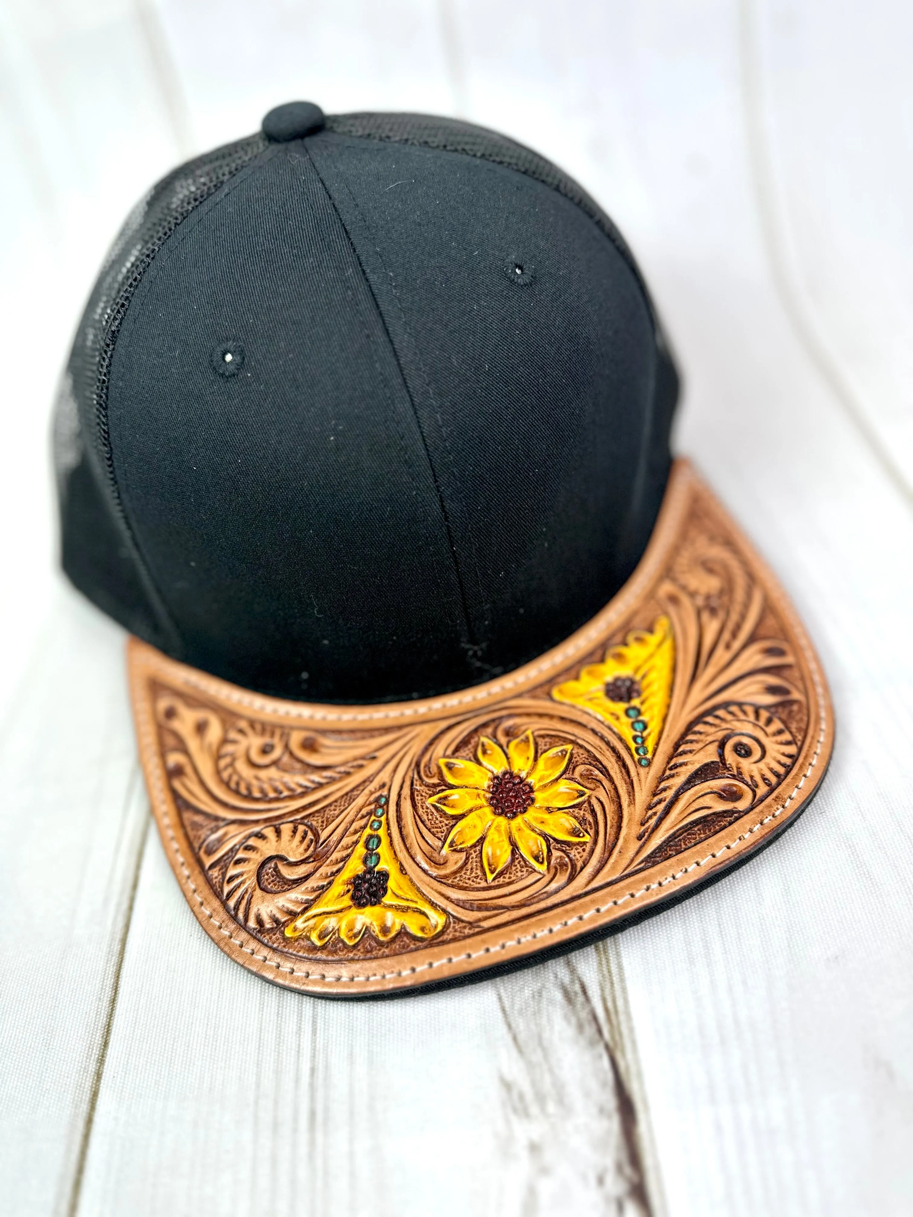 Western Tooled Leather Brim Snapback Trucker Style Hats