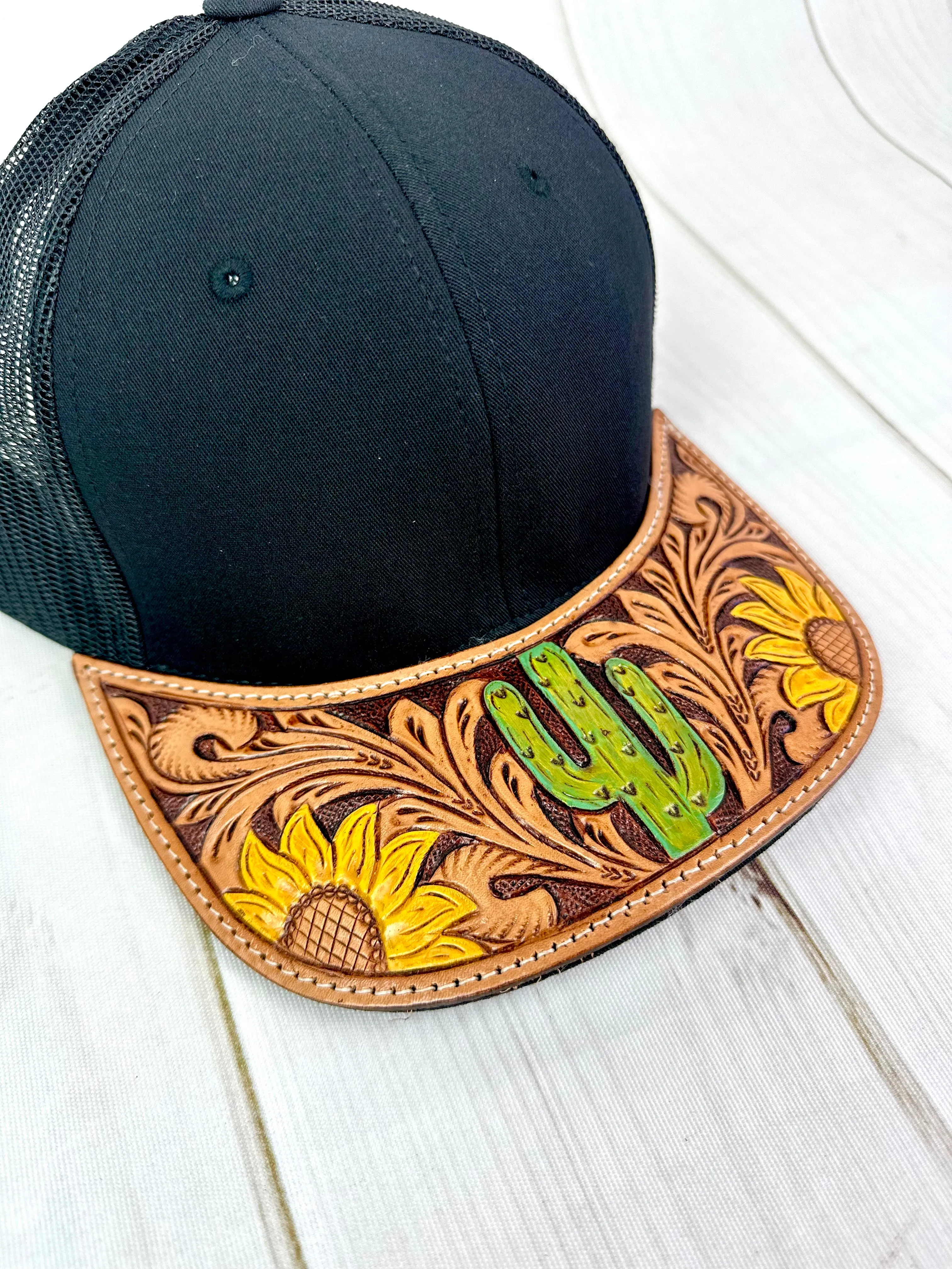 Western Tooled Leather Brim Snapback Trucker Style Hats