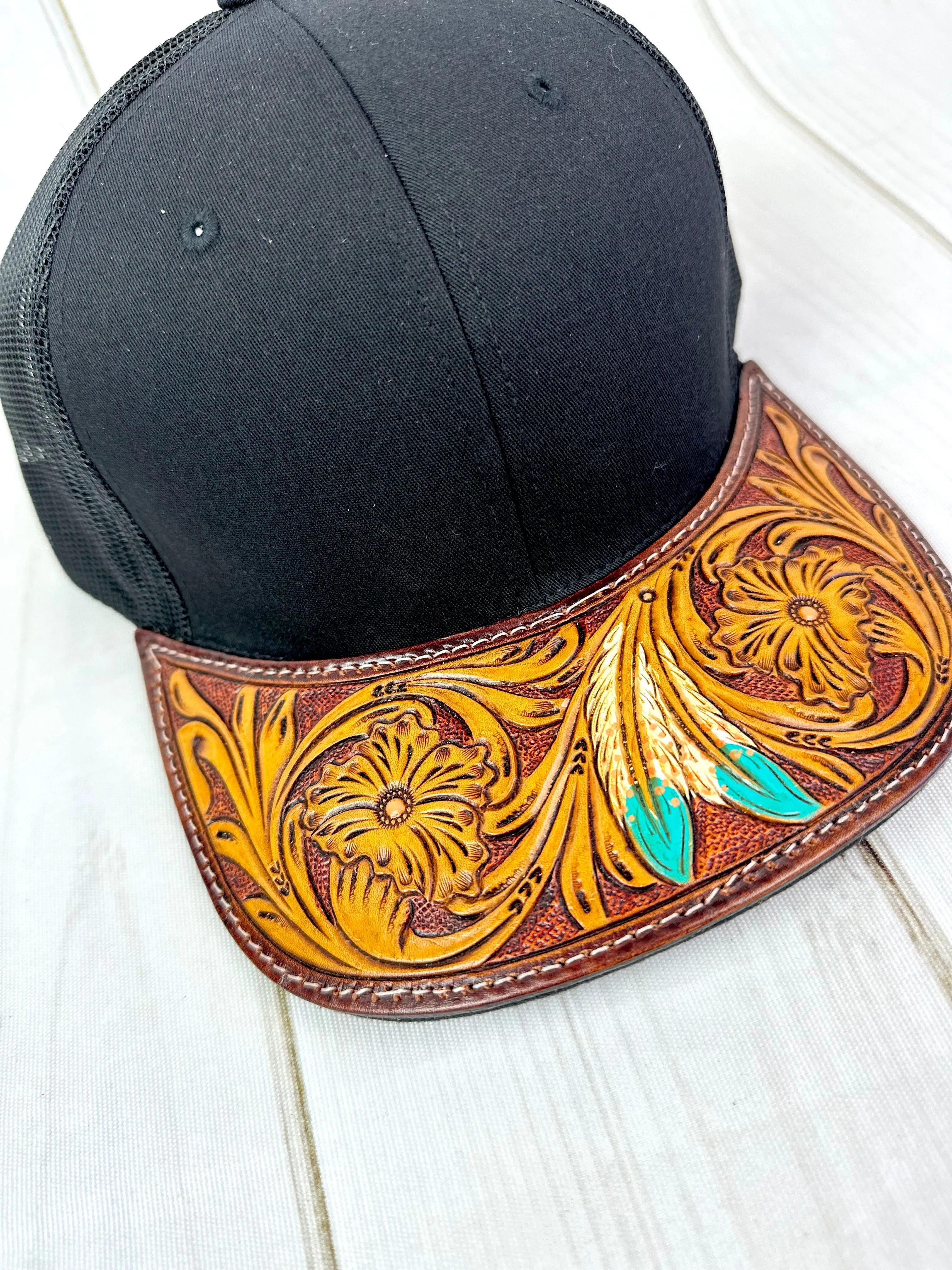 Western Tooled Leather Brim Snapback Trucker Style Hats