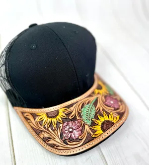 Western Tooled Leather Brim Snapback Trucker Style Hats