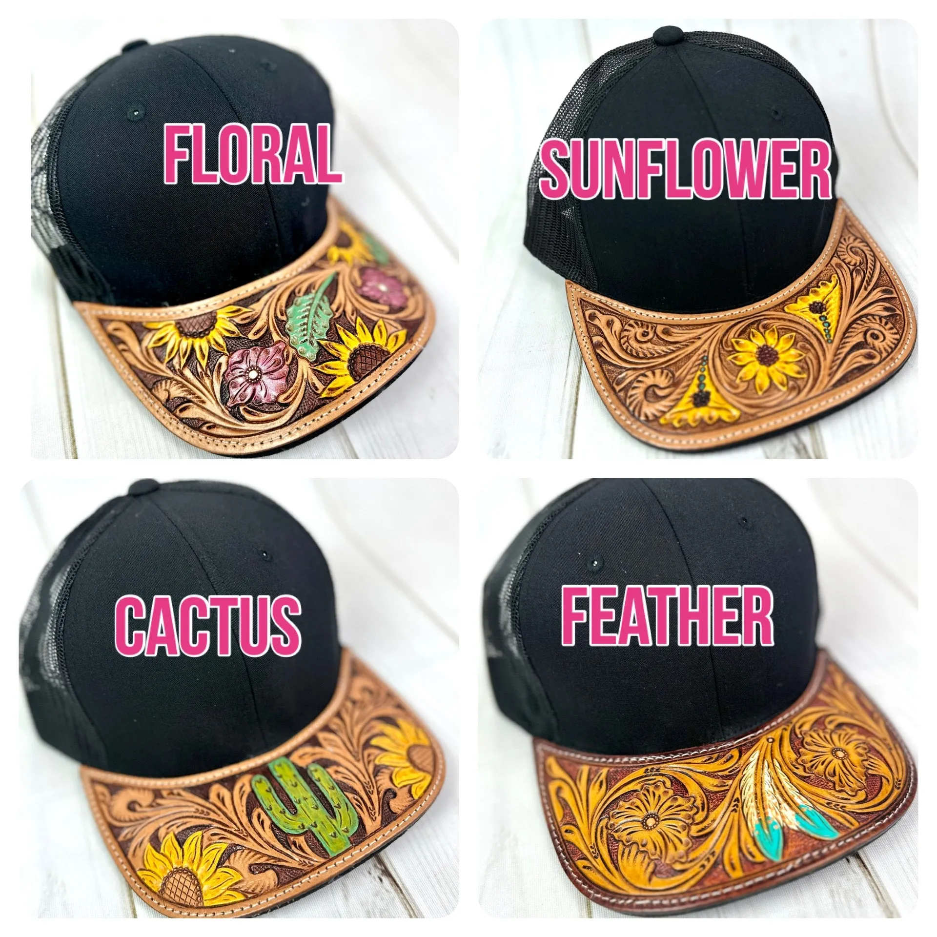 Western Tooled Leather Brim Snapback Trucker Style Hats
