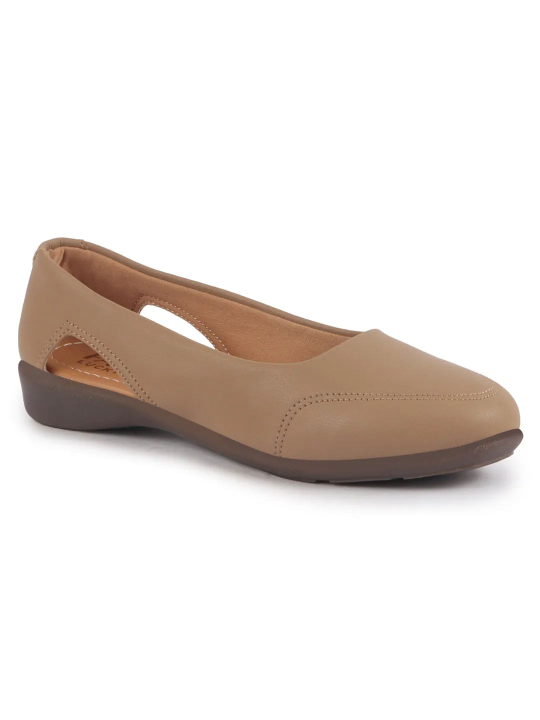 Women Beige Stylish Backless Casual Ballets | Low Heel Cut-Out Slip-On Ballerinas | Comfortable Walking Flats Sandals | Memory Cusion Insole