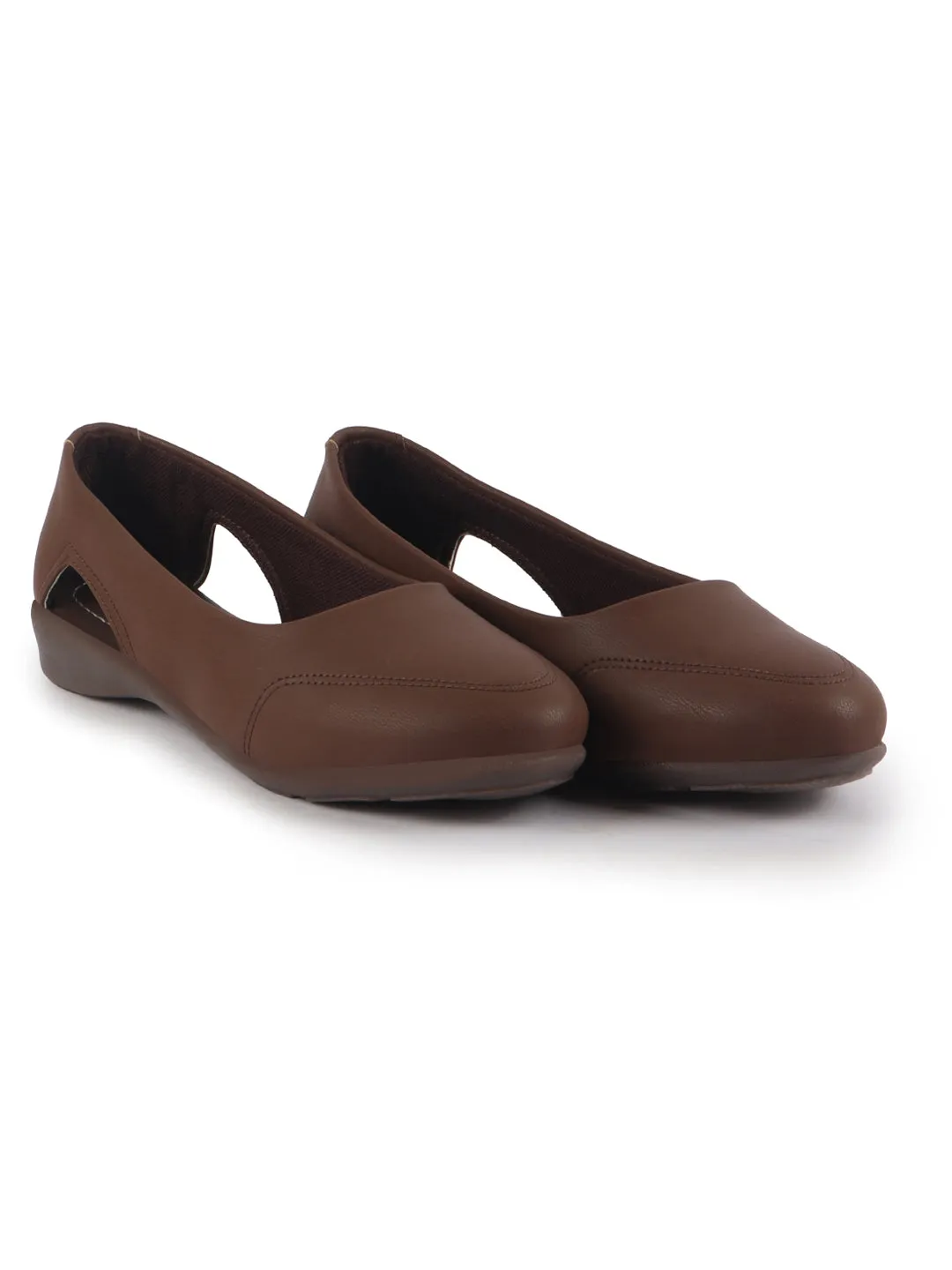 Women Brown Stylish Backless Casual Ballets | Low Heel Cut-Out Slip-On Ballerinas | Comfortable Walking Flats Sandals | Memory Cusion Insole