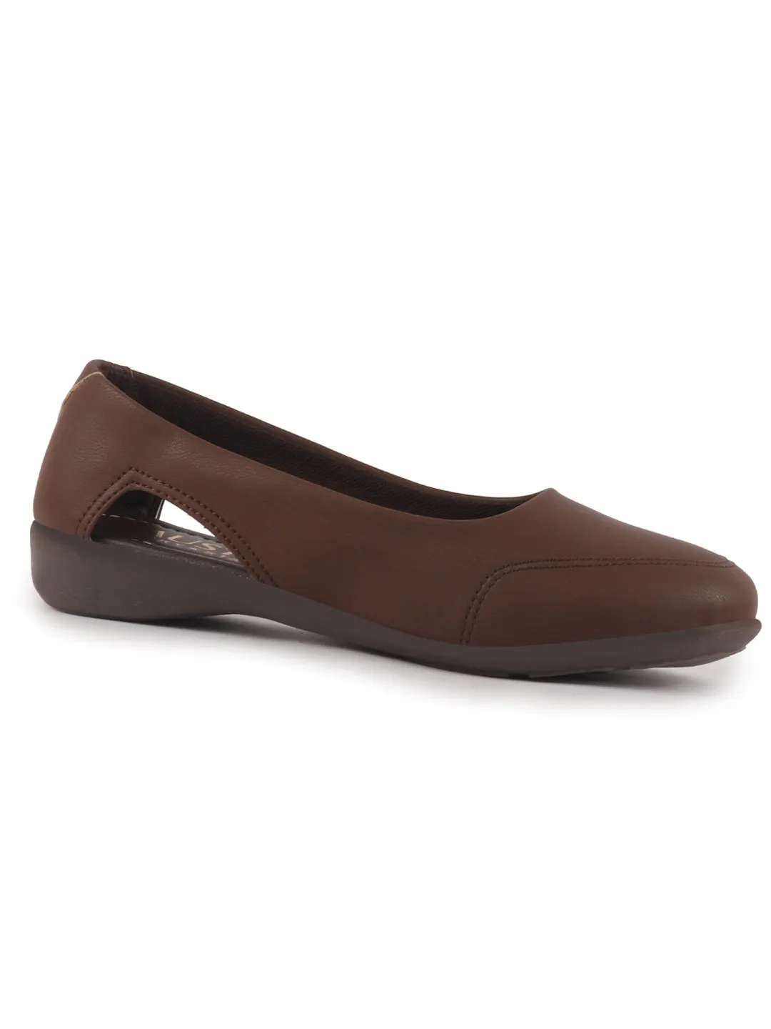 Women Brown Stylish Backless Casual Ballets | Low Heel Cut-Out Slip-On Ballerinas | Comfortable Walking Flats Sandals | Memory Cusion Insole