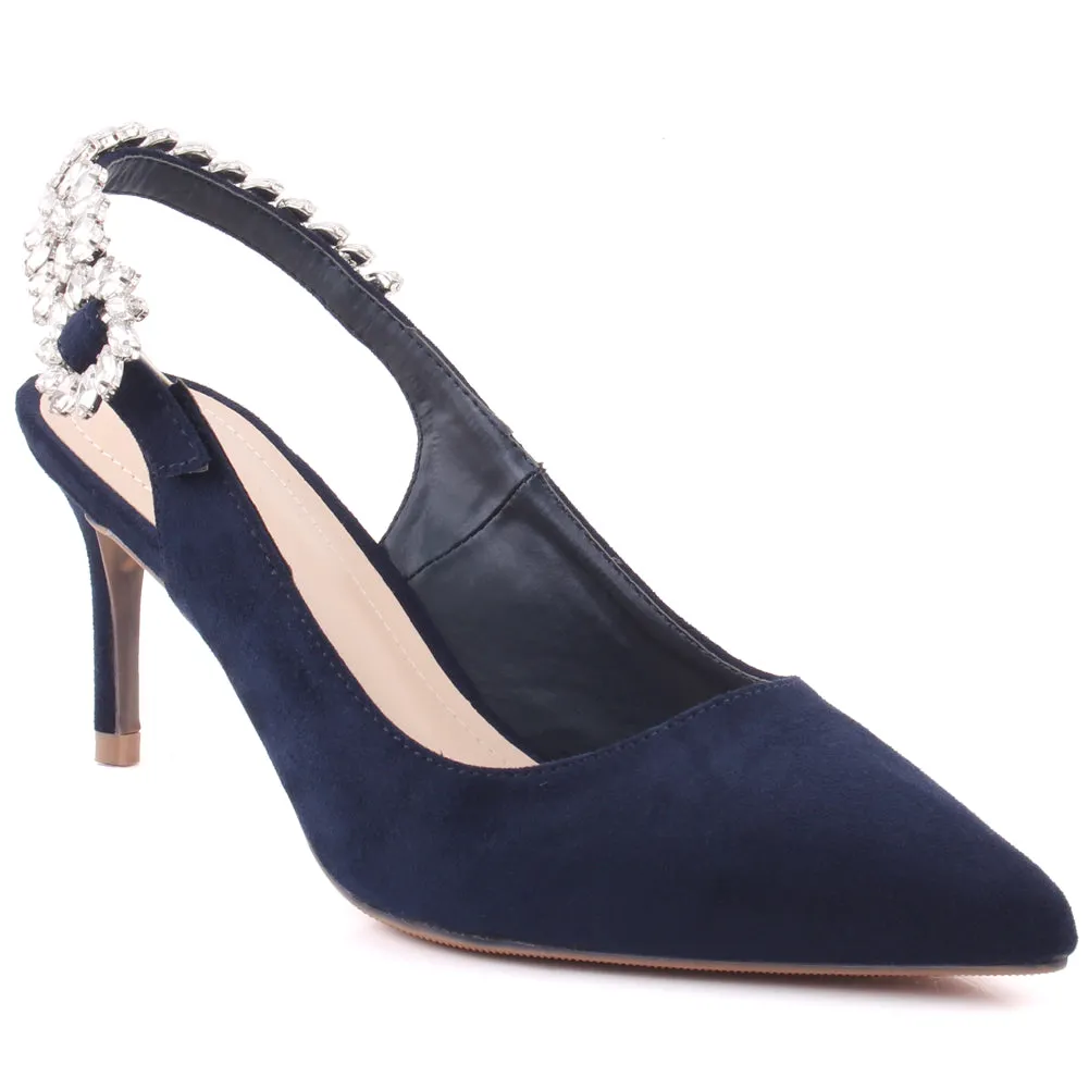 Women "BLOSSOM" Decorated Sling Back Strap Suede Stiletto Heel Sandals