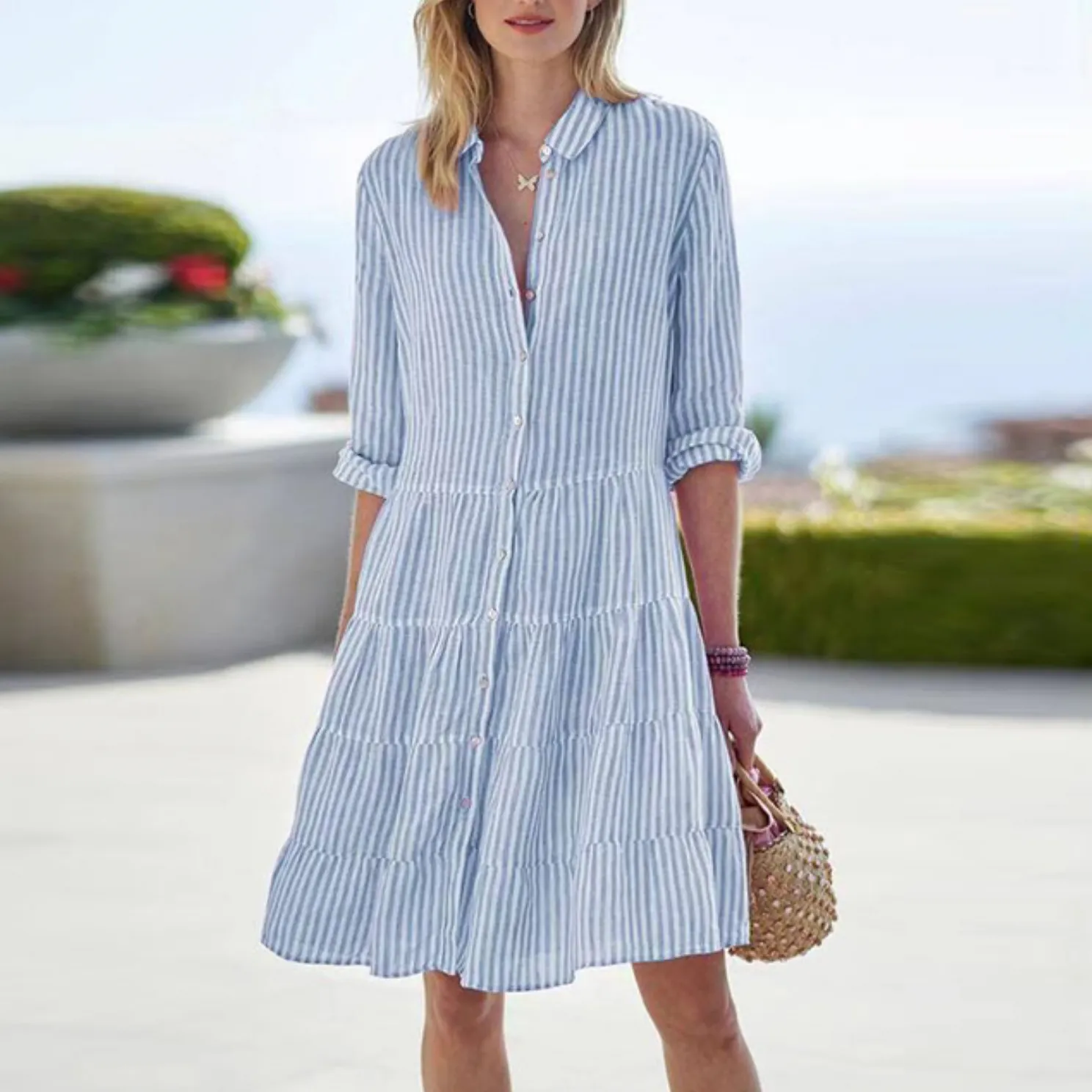 Women’s Button-Up Shirt Dress – Striped – Tiered A-Line – Lightweight Summer Look