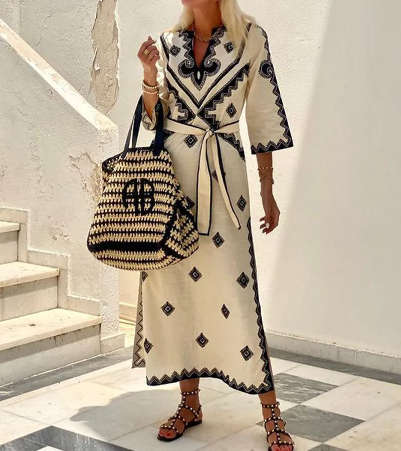 Women’s Kaftan Dress – Embroidered Detailing – Tie Waist – 3/4 Sleeves – Boho Resort Look