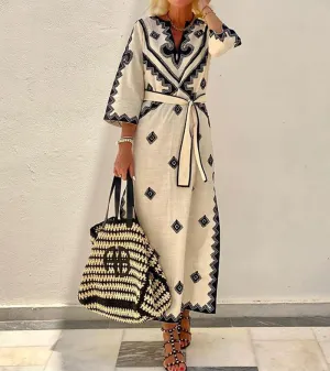 Women’s Kaftan Dress – Embroidered Detailing – Tie Waist – 3/4 Sleeves – Boho Resort Look